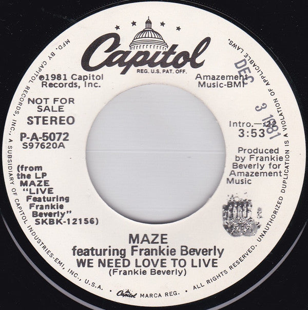 Maze Featuring Frankie Beverly : We Need Love To Live (7", Promo)