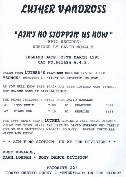 Luther Vandross : Ain't No Stoppin' Us Now (12", Promo)