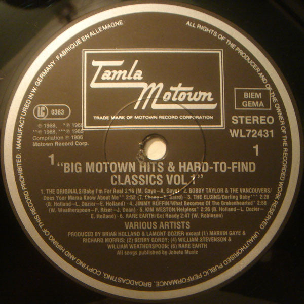 Various : Big Motown Hits And Hard To Find Classics - Volume 1 (LP, Comp)