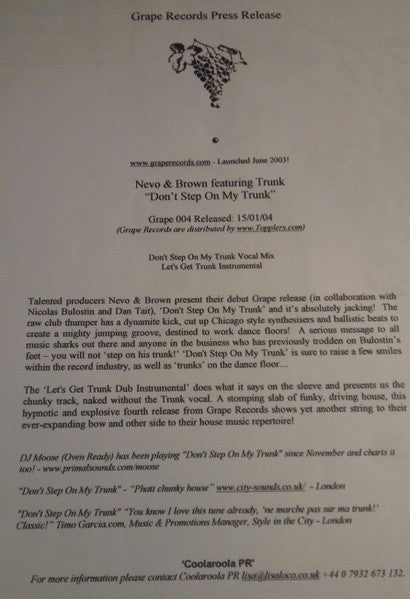 Nevo & Brown Featuring Trunk (2) : Don't Step On My Trunk (12")