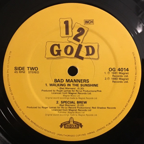 Bad Manners : Can Can / My Girl Lollipop / Walking Into Sunshine / Special Brew (12", 2nd)