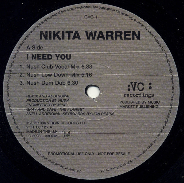 Nikita Warren : I Need You (12", Promo)