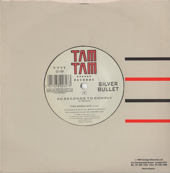Silver Bullet : 20 Seconds To Comply (7", Single)