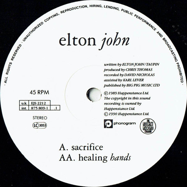 Elton John : Sacrifice / Healing Hands (12", Single, RE)