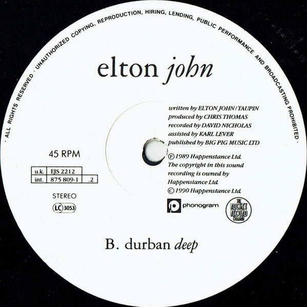 Elton John : Sacrifice / Healing Hands (12", Single, RE)