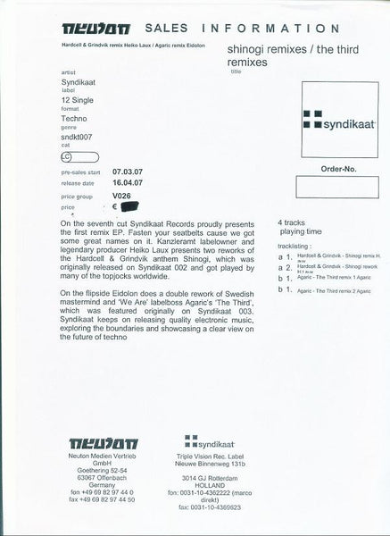Hardcell & Grindvik* / Agaric (2) : Shinogi / The Third Remixes (12", EP, Promo, W/Lbl)