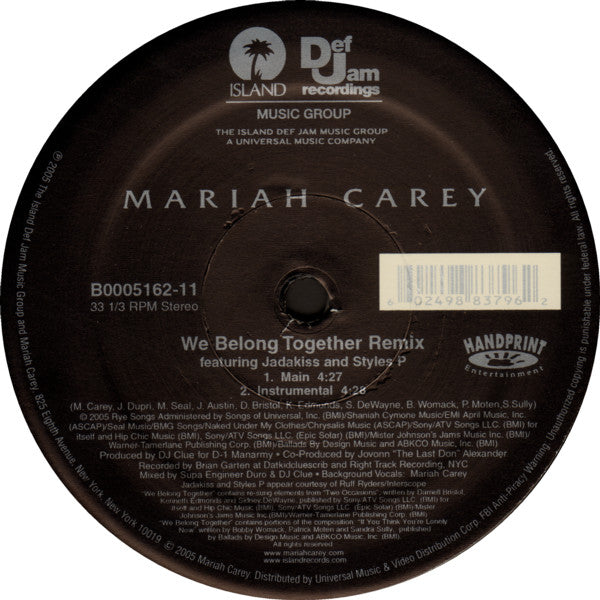 Mariah Carey Featuring Jadakiss And Styles P : We Belong Together (Remix) (12")