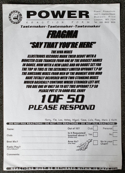 Fragma : Say That You're Here (12", W/Lbl, Sti)