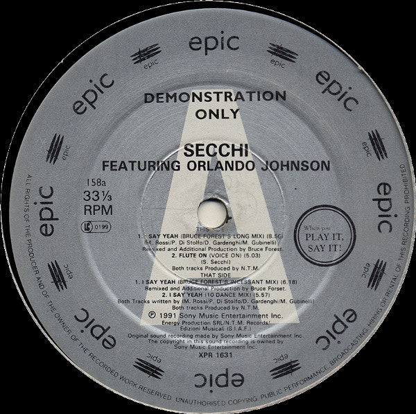 Secchi* Featuring Orlando Johnson : I Say Yeah (12", Promo)
