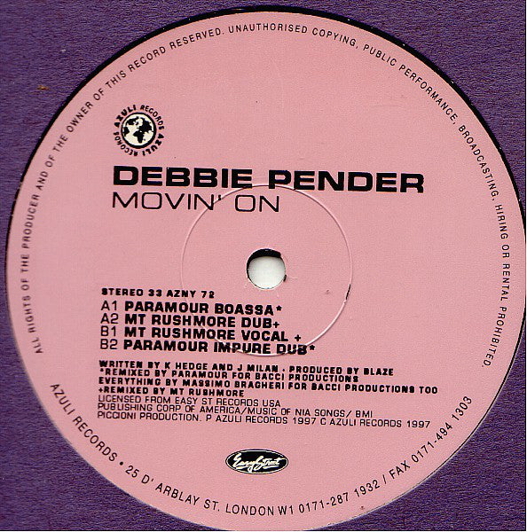 Debbie Pender : Movin' On (Paramour / Mt Rushmore Mixes) (12")