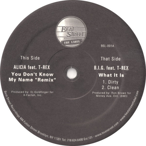 Alicia* Feat. T-Rex (4) / B.I.G.* Feat. T-Rex (4) : You Don't Know My Name "Remix" / What It Is (12", Single, Unofficial)