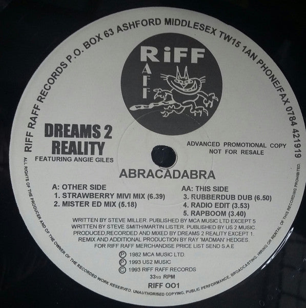 Dreams 2 Reality Featuring Angie Giles : Abracadabra (12", Single, Promo)