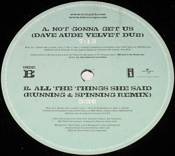 t.A.T.u. : Not Gonna Get Us Remixes (12", Promo)