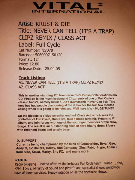 Krust + DJ Die / Roni Size + Surge (5) : It's A Trap (Clipz Remix) / Class Act (12", Promo, W/Lbl, Sti)