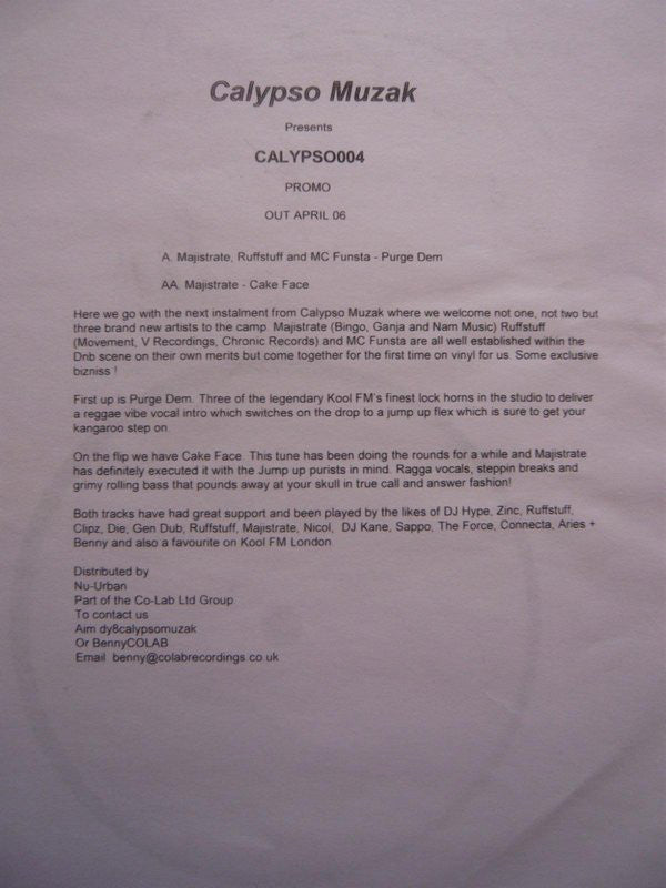 Ruffstuff, Majistrate & MC Funsta : Purge Dem / Cake Face (12", Promo, W/Lbl)