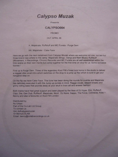 Ruffstuff, Majistrate & MC Funsta : Purge Dem / Cake Face (12", Promo, W/Lbl)