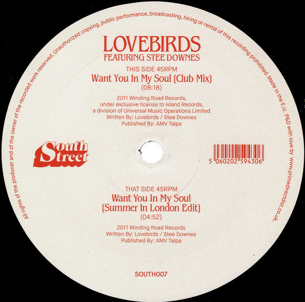 Lovebirds Featuring Stee Downes : Want You In My Soul (12", RE)
