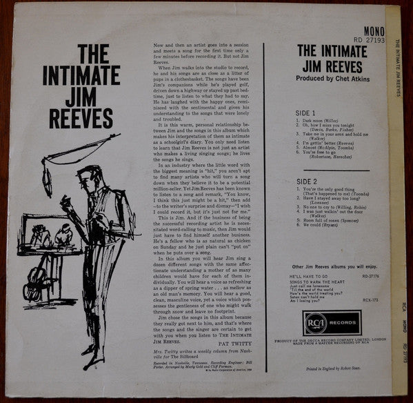Jim Reeves : The Intimate Jim Reeves (LP, Album, Mono)