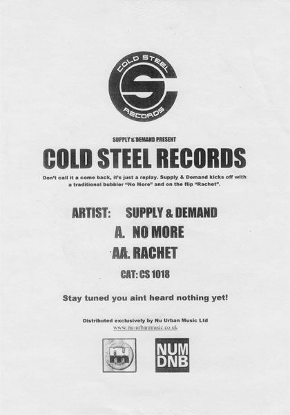 Supply & Demand : No More / Rachet (12", Promo, W/Lbl)