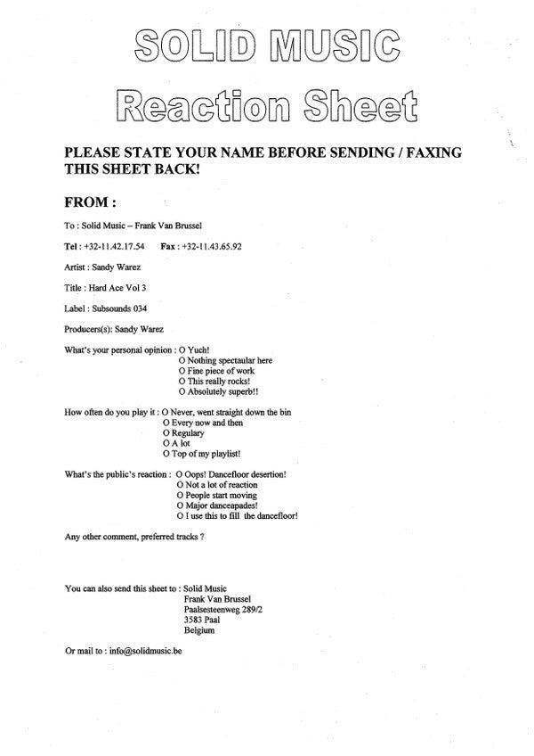 Sandy Warez : Hard Ace Vol. 3 (12", Promo, W/Lbl, Sti)