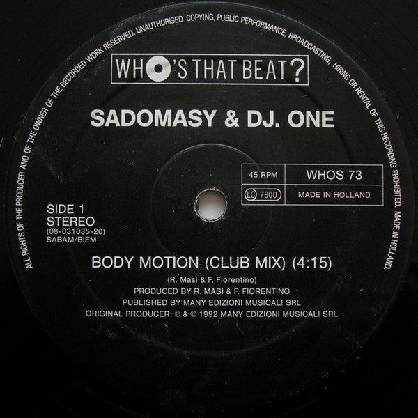 Sadomasy & DJ One (15) : Body Motion (12")