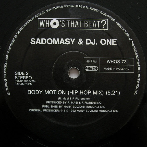 Sadomasy & DJ One (15) : Body Motion (12")