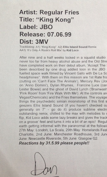 Regular Fries : King Kong (12", Promo, W/Lbl)