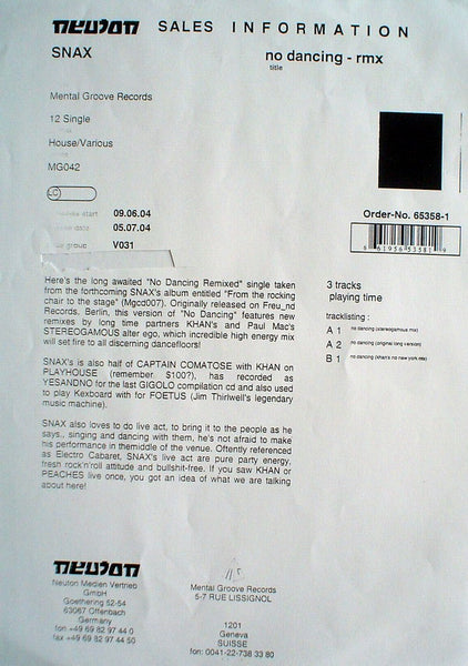 Snax : No Dancing (Remixed) (12", Promo, W/Lbl)