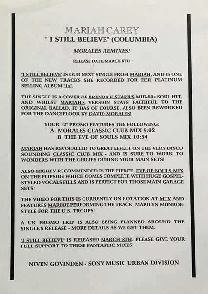 Mariah* : I Still Believe (David Morales Mixes) (12", Promo)