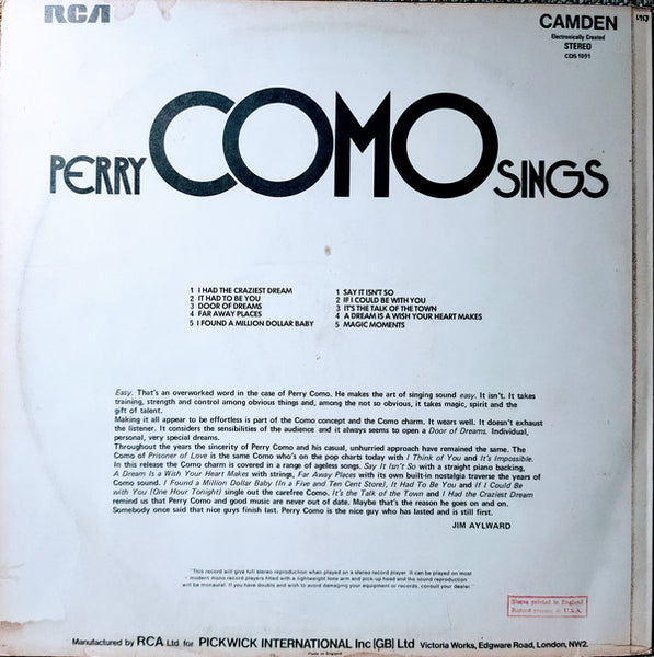 Perry Como : Perry Como Sings / In Romantic Mood (LP)