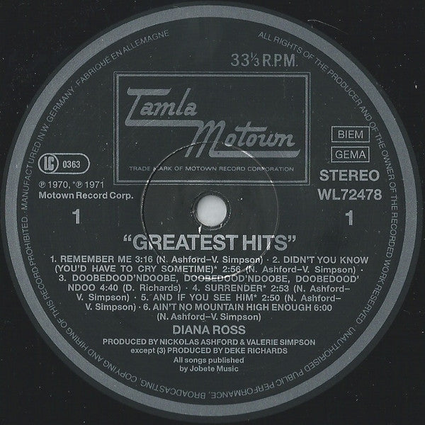 Diana Ross : Greatest Hits (LP, Comp, RE)