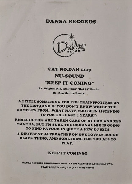 Nu-Sound : Keep It Coming (12")
