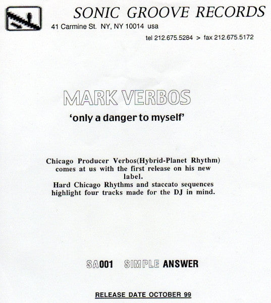 Verbos* : Only A Danger To Myself (12", Promo, W/Lbl)
