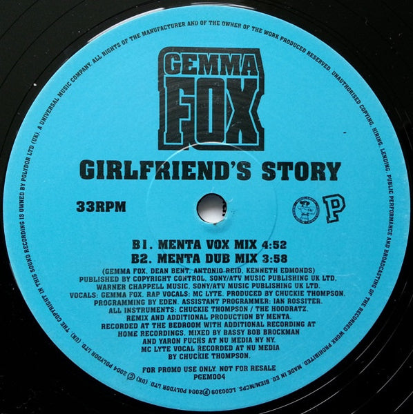 Gemma Fox Featuring MC Lyte : Girlfriend's Story (12", Promo)
