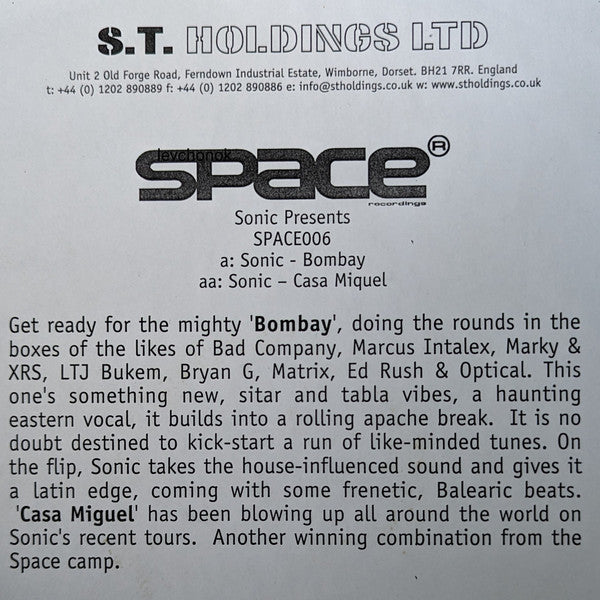 Sonic : Bombay / Casa Miguel (12", Promo, W/Lbl)