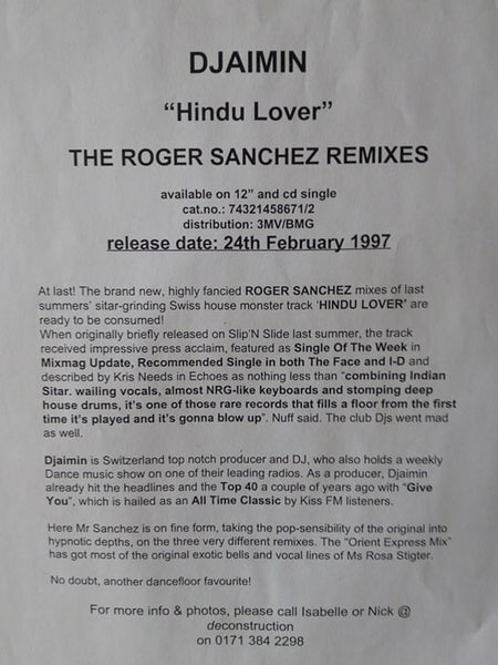 Djaimin : Hindu Lover (12", Promo)
