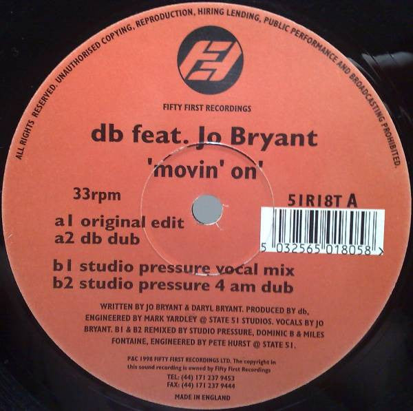 db* Feat. Jo Bryant : Movin' On (12")
