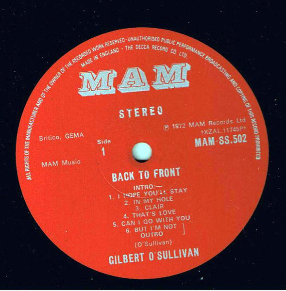 Gilbert O'Sullivan : Back To Front (LP, Album, Pos)