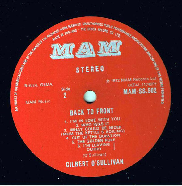 Gilbert O'Sullivan : Back To Front (LP, Album, Pos)