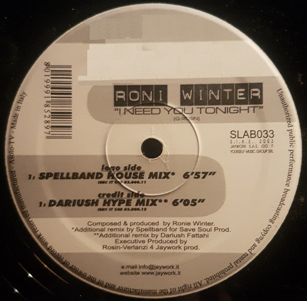 Roni Winter : I Need You Tonight (12")