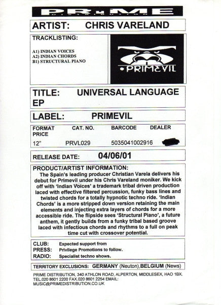 Chris Vareland : Universal Language E.P. (12", EP, W/Lbl)