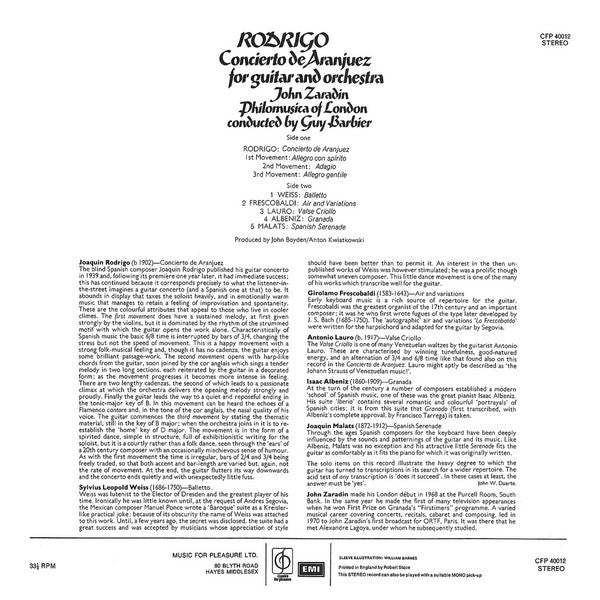 Joaquín Rodrigo ; John Zaradin, Philomusica Of London, Guy Barbier : Concierto De Aranjuez For Guitar And Orchestra (LP)