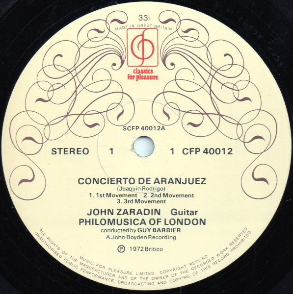 Joaquín Rodrigo ; John Zaradin, Philomusica Of London, Guy Barbier : Concierto De Aranjuez For Guitar And Orchestra (LP)