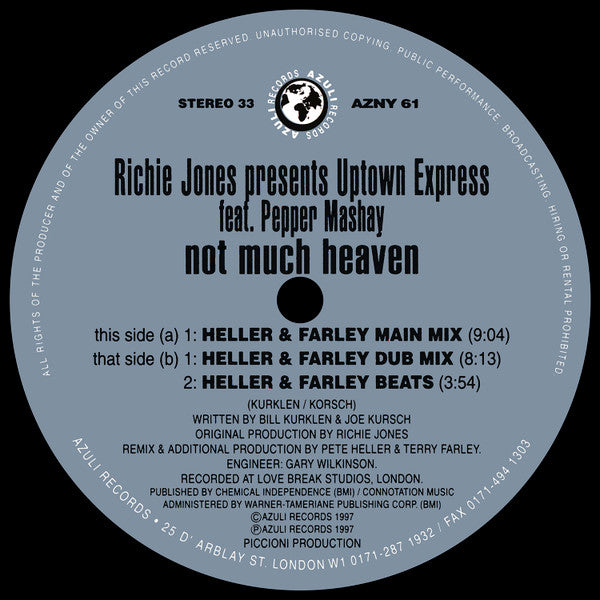 Ritchie Jones* Pres. Uptown Express Feat. Pepper Mashay : Not Much Heaven (Heller & Farley Remixes!) (12")
