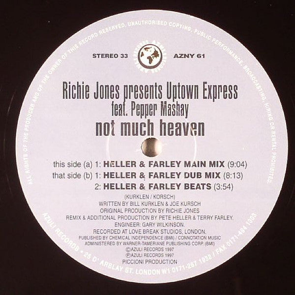 Ritchie Jones* Pres. Uptown Express Feat. Pepper Mashay : Not Much Heaven (Heller & Farley Remixes!) (12")