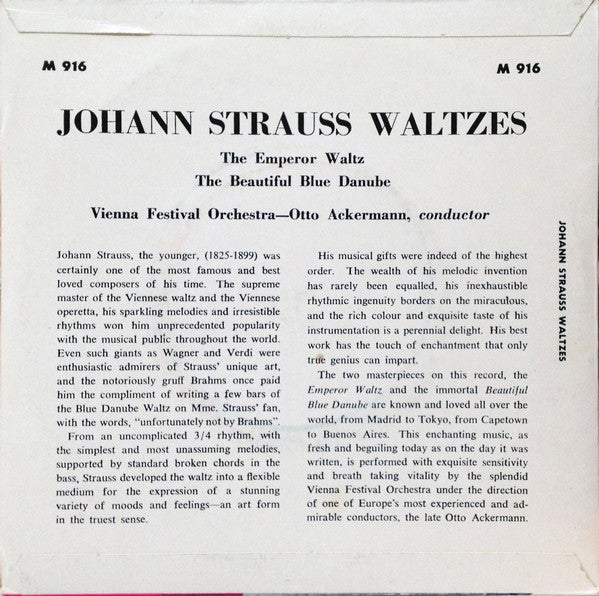 Strauss*, Vienna Festival Orchestra*, Otto Ackermann : Blue Danube And Emperor Waltzes (7")