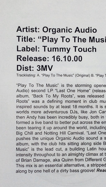 Organic Audio : Play To The Music (12", Promo)