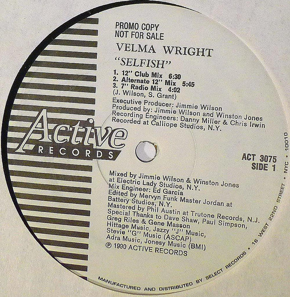 Velma Wright : Selfish (12", Promo)