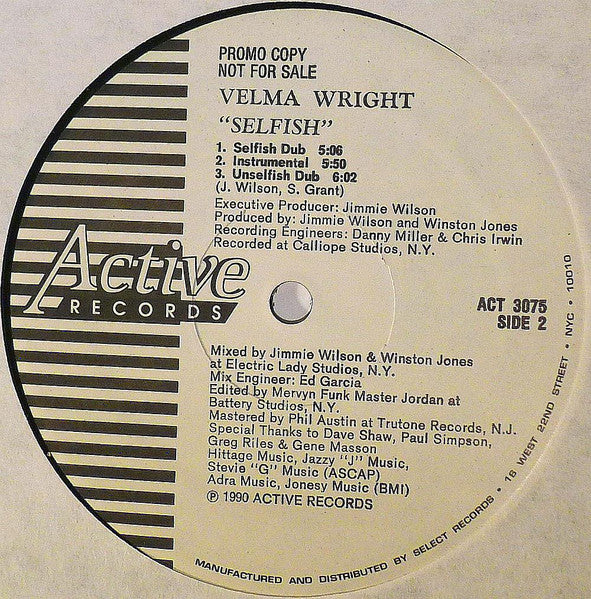 Velma Wright : Selfish (12", Promo)