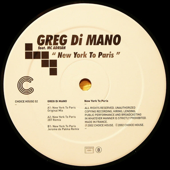 Greg Di Mano : New York To Paris (12")